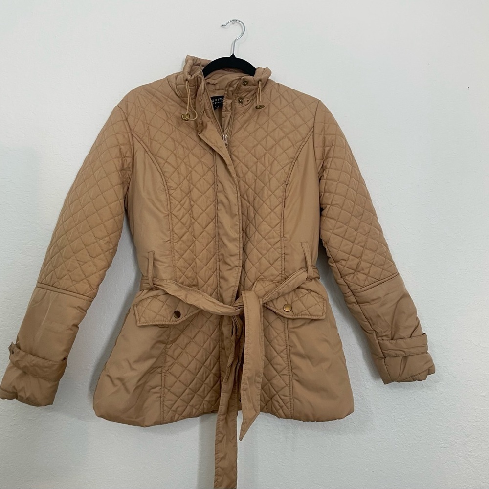 h b Sport quilted woman’s utility jacket size L puffer tan brown cinch waist tie